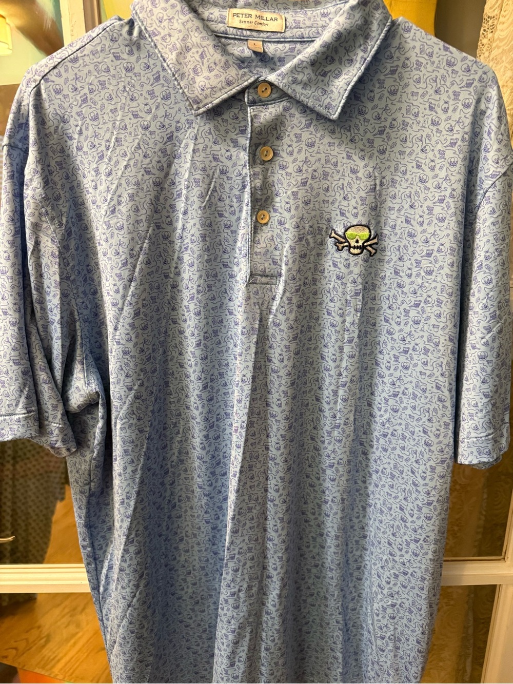 Peter Millar Light Blue Printed Performance Polo with Skull Logo